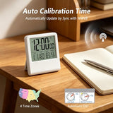 Timloon Mini Desk Atomic Clock | Auto-Calibrating Digital Alarm, Temperature & Humidity, 4 Time Zones, DST, Backlight, Battery Operated