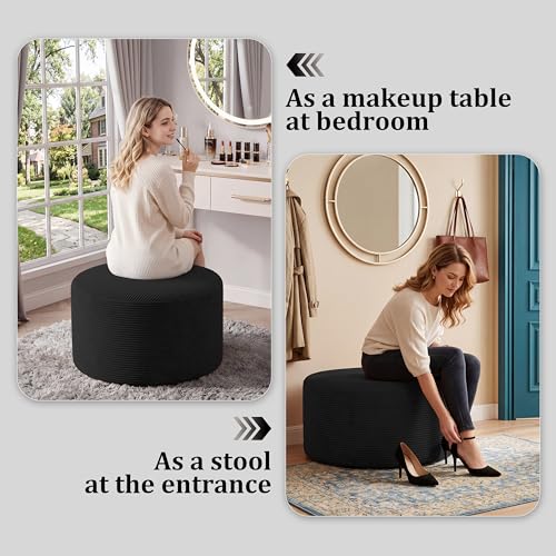 Round Coffee Table Ottoman for Corduroy Cloud Sectional Couches in a Box Memory Foam Compressed Pouf Footstool Rest for Living Room, Bedroom, Makeup Room No Assembly Require(Black, 27.6")