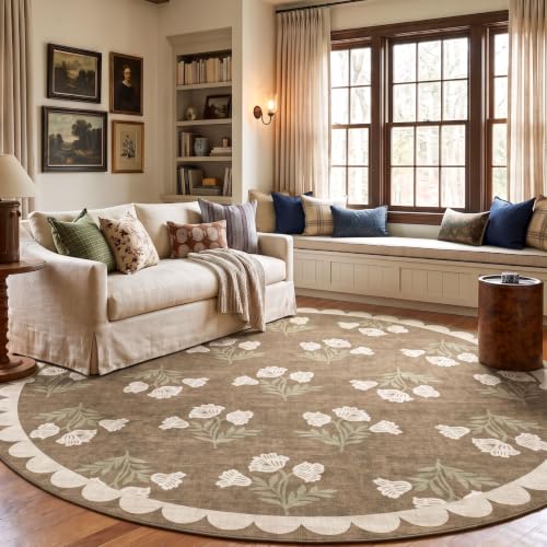 Tan 7ft Round Area Rug for Living Room - Washable Floral Circle Rug