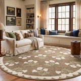 Tan 7ft Round Area Rug for Living Room - Washable Floral Circle Rug