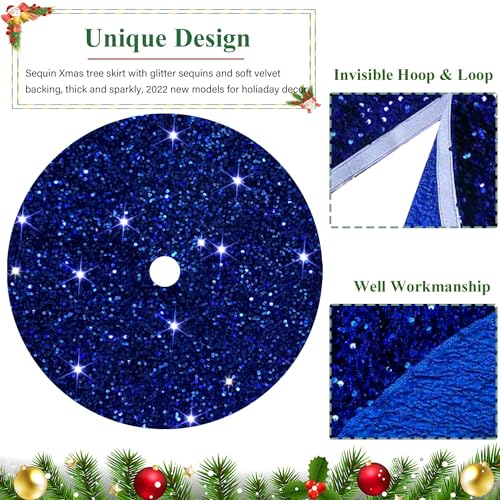 46 Inch Sequin Tree Skirt Christmas Royal Blue Velvet Tree Mat Xmas Tree Cover for Christmas Tree Decorations Rustic Fall Tree Dress Skirt Halloween Thanksgiving Ornaments