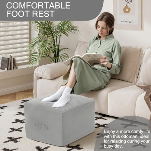 MeMoreCool Grid Square Pouf Ottoman Foot Rest 20x20x15 Inches, Light Grey