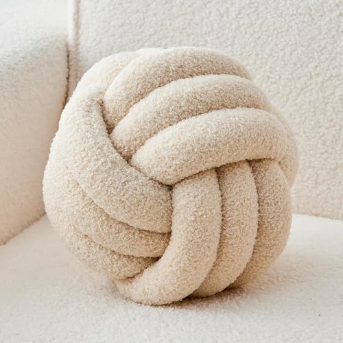LUSJNGE Decorative Throw Knot Pillow Ball for Home Chair Sofa Couch Bed Aesthetic Round Decor Pillows Lambswool Knotted Pillow Cushion (Beige, 13 inches)