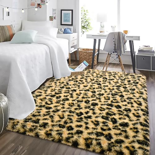 HOMORE Premium Leopard Fluffy Rugs, Leopard Print Rug for Living Room Bedroom,Soft Cheetah Print Rug for Kids Children Room, Faux Animal Printed Carpet for Western Decor,3x5 Feet Black and Khaki