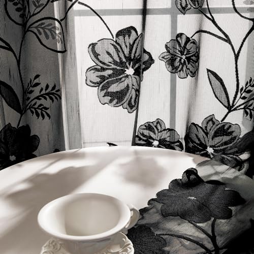 Treatmentex Black Sheer Lace Curtains for Bedroom Living Room Studio 84inch Long Vintage Rose Floral Embroidered Semi Sheer Curtain Panels Privacy Leaf Sheer Drapes with Scalloped Edge 54" w 2pcs 7ft