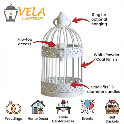 Vela Lanterns Decorative Indoor Bird Cage Candle Holders, White, Mini, 4PK