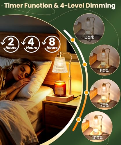 Height Adjustable Candle Warmer Lamp with Timer, 3 Dimmable Wax Melt Warmer, Birthday Gifts for Women Mom, House Warming Gifts New Home Decor, Candle Warmer for Jar Candles with 2 Bulbs, Gold-Clear