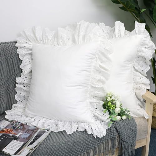 Lemfux Ruffle Pillow Case 18x18 Inch, Set of 2, Cotton Ruffle Euro Shams with Ruffles Rustic Farmhouse Lace Shabby Soft Breathable Bridal Pure White Euro Pillow Shams