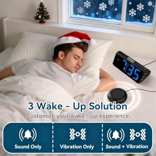 Netzu Loud Alarm Clock for Heavy Sleepers, Plug-in RGB Vibrating Alarm Clocks with Bed Shaker, 5 Dimmers, 2 Alarms and Snooze for Bedrooms Hearing Impaired Deaf Adults (Black)