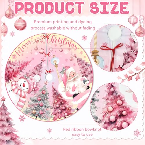 Pink Christmas Tree Skirt 48 Inch Pink Christmas Decorations Merry Christmas Santa Snowman Tree Skirt Mat Christmas Tree Decorations for Xmas Holiday Party Indoor Outdoor