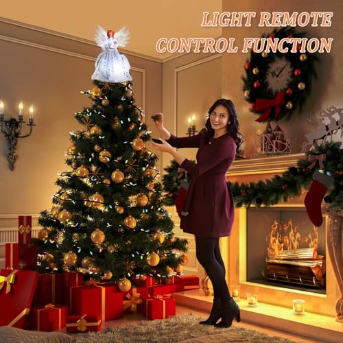 Christmas Angel Tree Topper Lighted - Angel Tree Top with Light and Remote Control Function Christmas Tree Decoration with Feather Wings for Indoor Home Party Holiday Xmas Tree Decoration, Silver