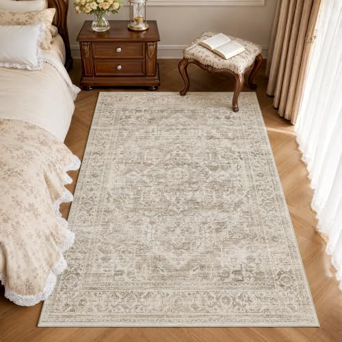 FMFUNCTEX 4x6 Washable Brown Neutral Oriental Distressed Entryway Area Rug