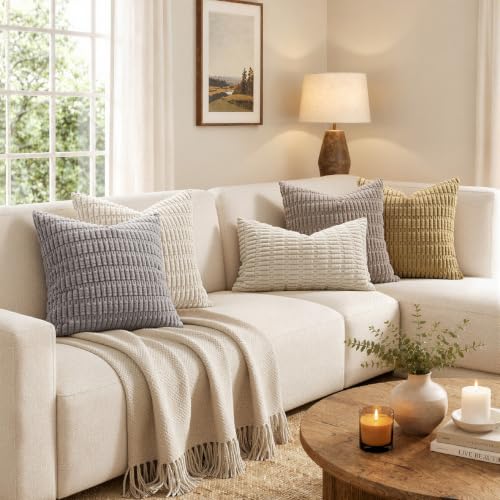 MIULEE Pack of 2 Corduroy Decorative Throw Pillow Covers 20x20 Inch Soft Boho Striped Pillow Covers Modern Farmhouse Home Decor for Sofa Living Room Couch Bed Cream White