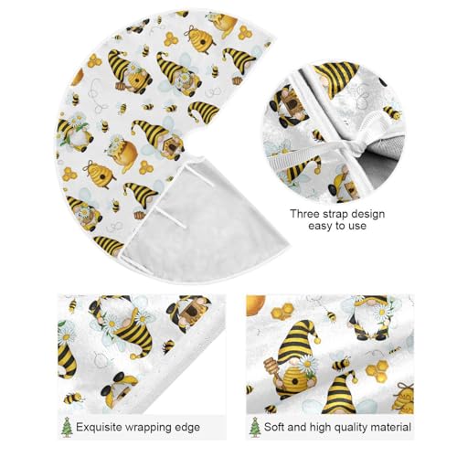 Spring Gnomes Bee Tree Skirt 36" Yellow Honey Flowers Dwarf Christmas Tree Skirts Rustic Farmhouse Xmas Mat for Holiday Festival Party Decor