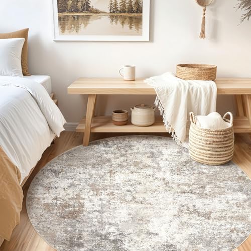 UERMEI 6ft Round Area Rug Living Room Rugs - 6x6 Washable Neutral Modern Abstract Soft Thin Rug Indoor Floor No Slip Rug Carpet for Bedroom Under Dining Table Home Office Decor - Brown Grey