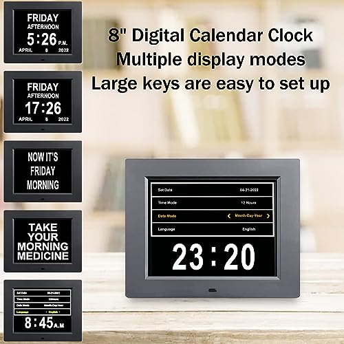 Johnziny 8 Inch Digital Calendar Day Clocks for Seniors-8 Alarms, Auto-Dim, Digital Clock Large Display Date and Day,Dementia Clocks for Seniors,Electronic Calendar with Large Number Black