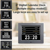 Johnziny 8 Inch Digital Calendar Day Clocks for Seniors-8 Alarms, Auto-Dim, Digital Clock Large Display Date and Day,Dementia Clocks for Seniors,Electronic Calendar with Large Number Black