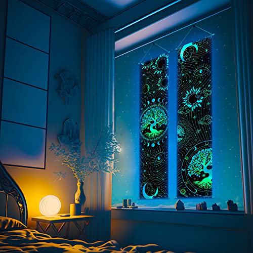 Tiamon 2 Pieces Black Light Art Wall Decor Trippy Blacklight Tapestry UV Reactive Tapestry Poster Banner Aesthetic Room Hanging Backdrop for Hippie Bedroom Home Decoration(Tree of Life)