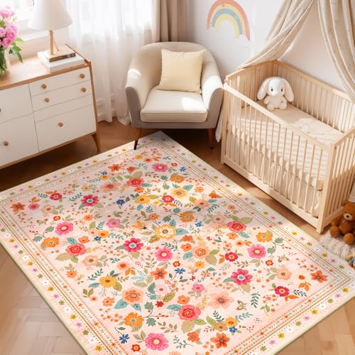 5x7 Area Rugs for Living Room Vacuum-Friendly Machine Washable Area Rug Flower Floral Printed Pattern Low Pile Non-Slip Carpet for Bedroom Hallway Entryway, Pink Beige