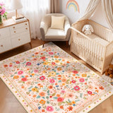 5x7 Area Rugs for Living Room Vacuum-Friendly Machine Washable Area Rug Flower Floral Printed Pattern Low Pile Non-Slip Carpet for Bedroom Hallway Entryway, Pink Beige