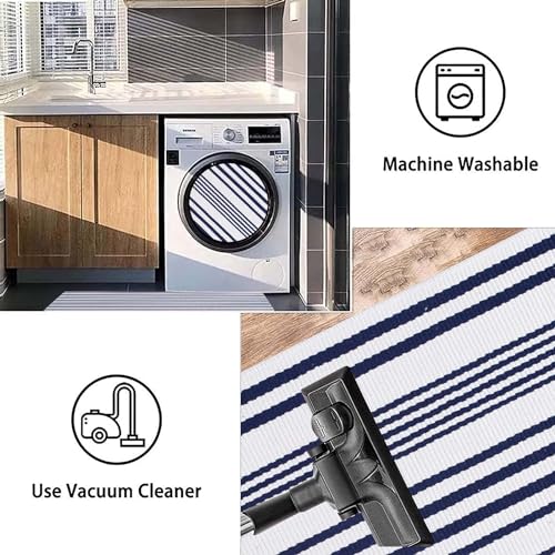 Blue and White Outdoor Rug 24'' x 51''Front Porch Rug Hand-Woven Machine Washable Indoor Layered Door Mats for Entryway/Bedroom