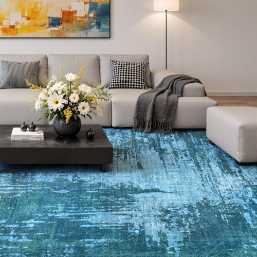 5x7 Blue Washable Area Rug Non-Slip Faux Wool Abstract Rug