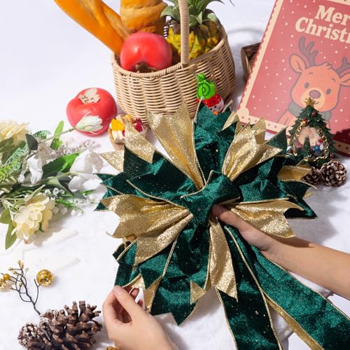 Green Gold Christmas Tree Topper, 40x13 Inches Toppers Bow with Glitter Satin Mesh Streamer and Patterned Ribbon, Christmas Tree Topper Bow for Christmas Home Decoration