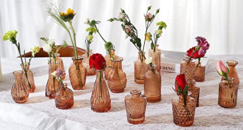 Amber Glass Bud Vases -Set of 20 for Flowers, Small Amber Bud Vases in Bulk for Centerpieces Decor, Mini Glass Set for Home Table Decorations