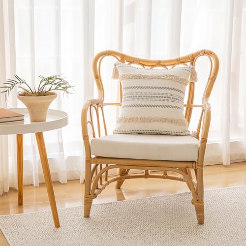 Boho Throw Pillow Covers 18x18 Set of 2 Woven Tufted Farmhouse Pillows Cover with Tassels Textured Striped Cushion Case Neutral Pillow Cases Decorative Pillowcase for Sofa, Couch, Bed, Khaki