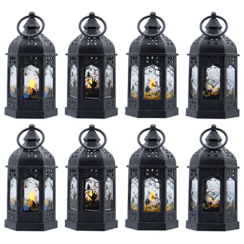 5" Halloween Mini Lanterns for Halloween Table Centerpiece, Small Lantern Decorative Indoor with Pattern Glass for All Saints' Day Party Decor, 8 Pack Hanging Candle Holder Ornaments, Pure Black