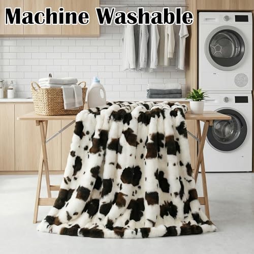 Cow Print Faux Fur Throw Blanket for Couch, Ultra Soft Cozy Lightweight Blanket for Kids Teens Adults, Easy Care, Luxury Decorative Gifts for Sofa Bedroom Living Room Decor, 50″ x 60″