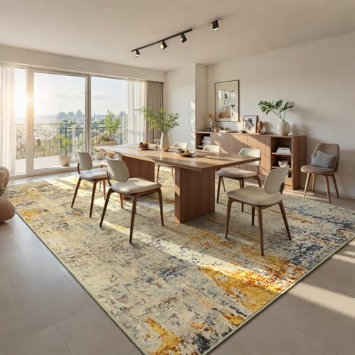 Living Room Rug 8x10 Beige Area Rugs Machine Washable Abstract Boho Large Carpet Non-Slip Non-Shedding Faux Wool Indoor Vintage Rug for Bedroom, Classroom, Dining Room, Kids Playroom