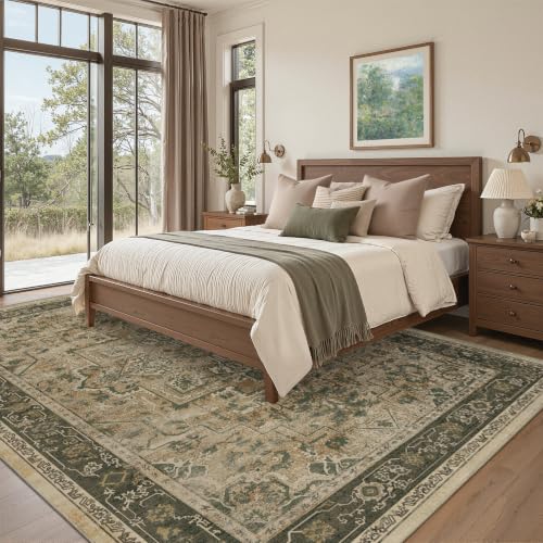 7x10 Living Room Rug, Vintafe Distressed Medallion Area Rug for Bedroom Dining Room, Washable Non Slip Thin Carpet Rugs for Bedroom Under Bed Home Office, Multi Brown/Olive