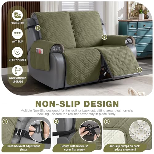 TAOCOCO 100% Waterproof Loveseat Recliner Covers 2 Seater, Split Loveseat Covers for Reclining loveseat, Non Slip Reclining Couch Cover with Double Straps for Kids, Pets(2 Seater, Green)