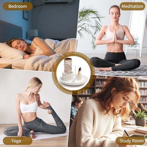 4 in 1 Incense Holder, Palo Santo Holder for Burning Sage, Sticks & Candle, Ceramic Incense Burner， 5.3" Ceramic Ash Catcher Tray for Meditation Room Home Decor