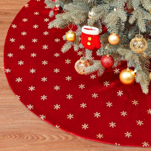 Lewondr Christmas Tree Skirt, 48 in Skirt for Xmax Tree with Snowflake, Soft Velvet Tree Skirt for Christmas Day, Christmas Decoration for Home Decor Party Shop, Red