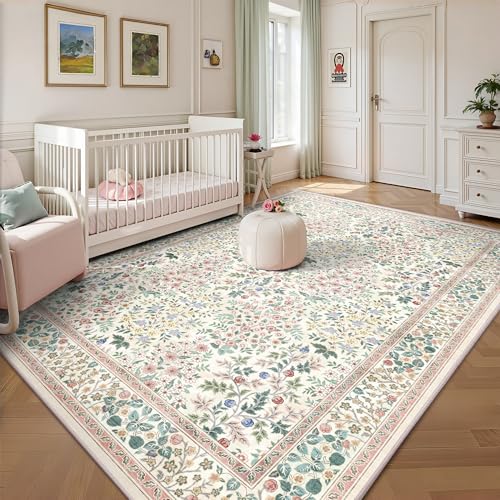6x9 Area Rugs, Machine Washable Low Pile Floral Rugs for Living Room, Bedroom, Large Boho Area Rug with Non-Slip Backing for Dining Room(Pink Floral)