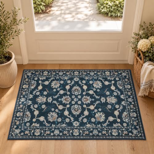 jinchan 2x3 Traditional Floral Entryway Rug, Washable Rug, Midnight Blue