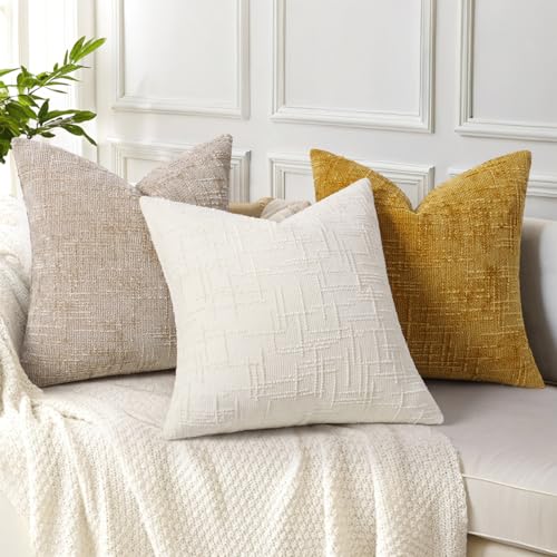 decorUhome Fall Cream White Chenille Throw Pillow Covers 18x18 Set of 2 Textured Soft Cozy Slubby Couch Pillow Covers Modern Farmhouse Boho Decorative Pillow Cases for Bed Sofa Living Room