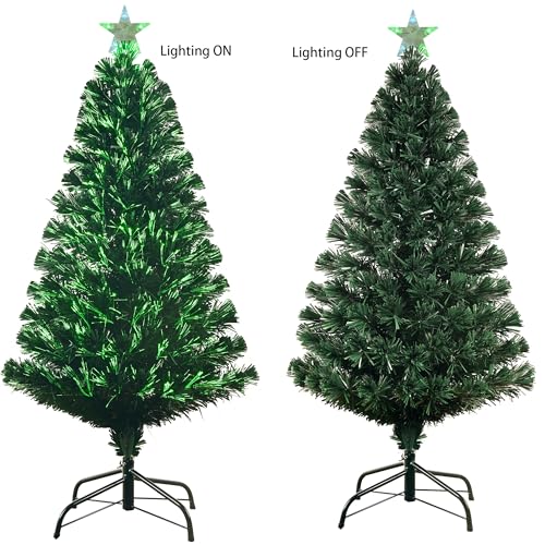 4FT Pre-lit Fiber Optic Christmas Tree with Lighted Star, PVC & Iron Construction, Green Artificial Christmas Tree with 141 Branch, Indoor Christmas Decorations, Holiday Home Xmas Decoration