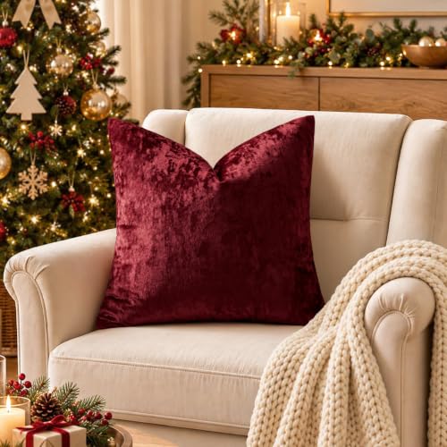 MIULEE Christmas Velvet Throw Pillow Covers Burgundy 18x18 inch Set of 2