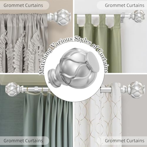 Silver Curtain Rod for Windows 48 to 84 Inches(4-7ft), 1" Diameter Heavy-Duty Adjustable Decorative Curtain Rod with Striped Twisted Finials - for Living Room Bedroom (Modern Home Decor)