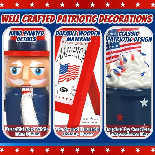 4th of July Decorations Patriotic Tiered Tray Decor Set, 8 PCS Memorial Day Fourth of July Decorations for Home Office Farmhouse Red White and Blue Tabletop Centerpieces Shelf Mantel Tray Decor Signs