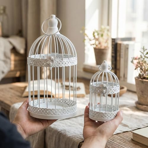 Vela Lanterns Decorative Indoor Birdcage Candle Holder Set of 2, White