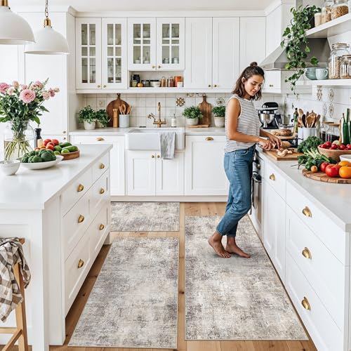 Kitchen Mats for Floor 3 Piece Set,Non-Slip Washable Kitchen Mats for Hardwood Floor, Boho Farmhouse Runner Rug for Sink,Entryway & Hallway & Bathroom (Brown Grey Beige, 2x3+2x4+2x5)