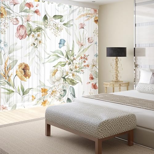 Floral Sheer Curtains for Living Room 84 inch Length 2 Panels Set Elegant Yellow Flower Spring Printed Window Curtain Chiffon Drapes for Bedroom