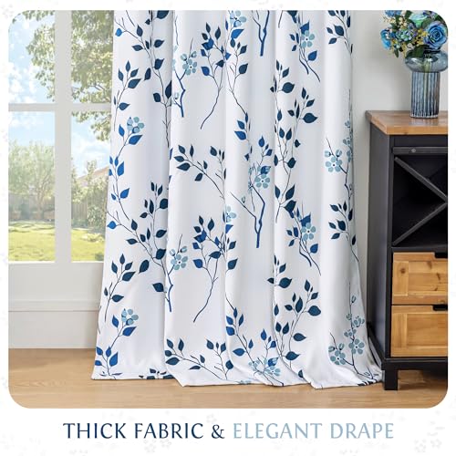 Beauoop Floral 100% Blackout Curtains 84 Inches Long 2 Panels for Bedroom Living Room Navy Blue and White Flower Patterned Room Darkening Thermal Soundproof Rod Pocket Back Tab Window Drapes, 52X84