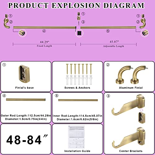 Antique Bronze Disc Curtain Rods, 48-84 Inches Window Curtain Rod,Adjustable Room Darkening Drapery Rod with Aluminum Finials and Brackets,Wrap Around Design