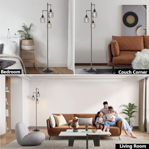 Floor Lamp for Living Room, Farmhouse Industrial Dimmable Floor lamp,3 Lights Metal Cage Tree Standing Lamp,68", 3Pcs Led Bulbs Included