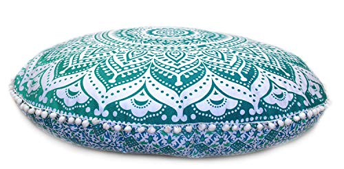 CRAFT KALA 32 Inch Meditation Floor Pillow Cover Round Pillow Seating Hippie Decorative Adults Bohemian Mandala Cushion Cover Outdoor Living Room Throw Ottoman Poufs Cover (Green Ombre)